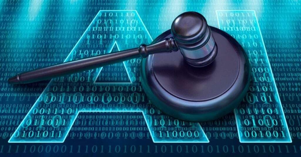 一把木製法槌敲擊在藍色數位背景上的大寫 AI 字樣上，象徵 2026 年全球人工智慧監管政策與法律框架的確立。