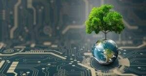 數位電路板中央生長出一棵青翠樹木的地球模型，象徵科技與自然環境永續共生的極簡主義願景，展現數位資源與生態平衡的和諧關係。